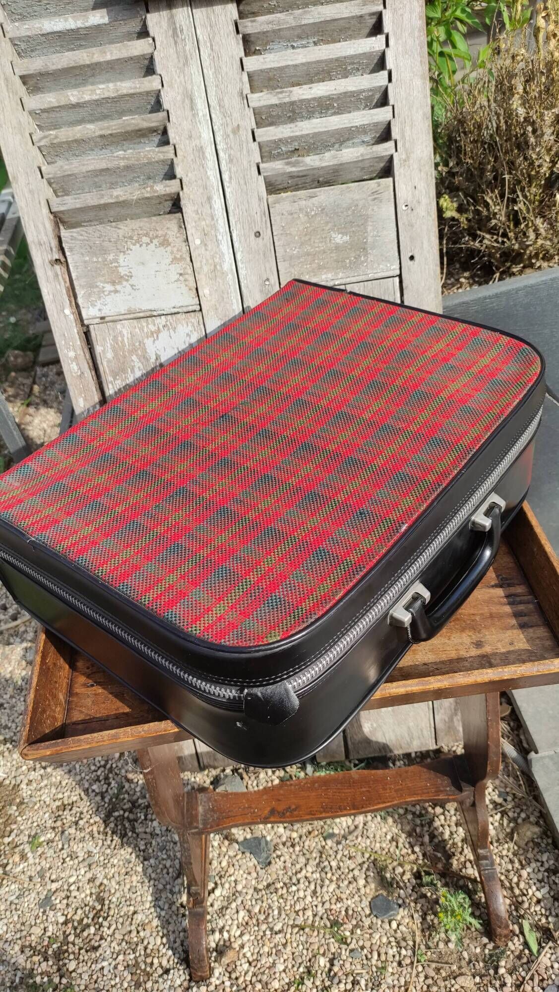 Vintage suitcase in red and skai Scottish fabric