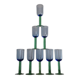 8 glasses with Murano feet vintage blown glass