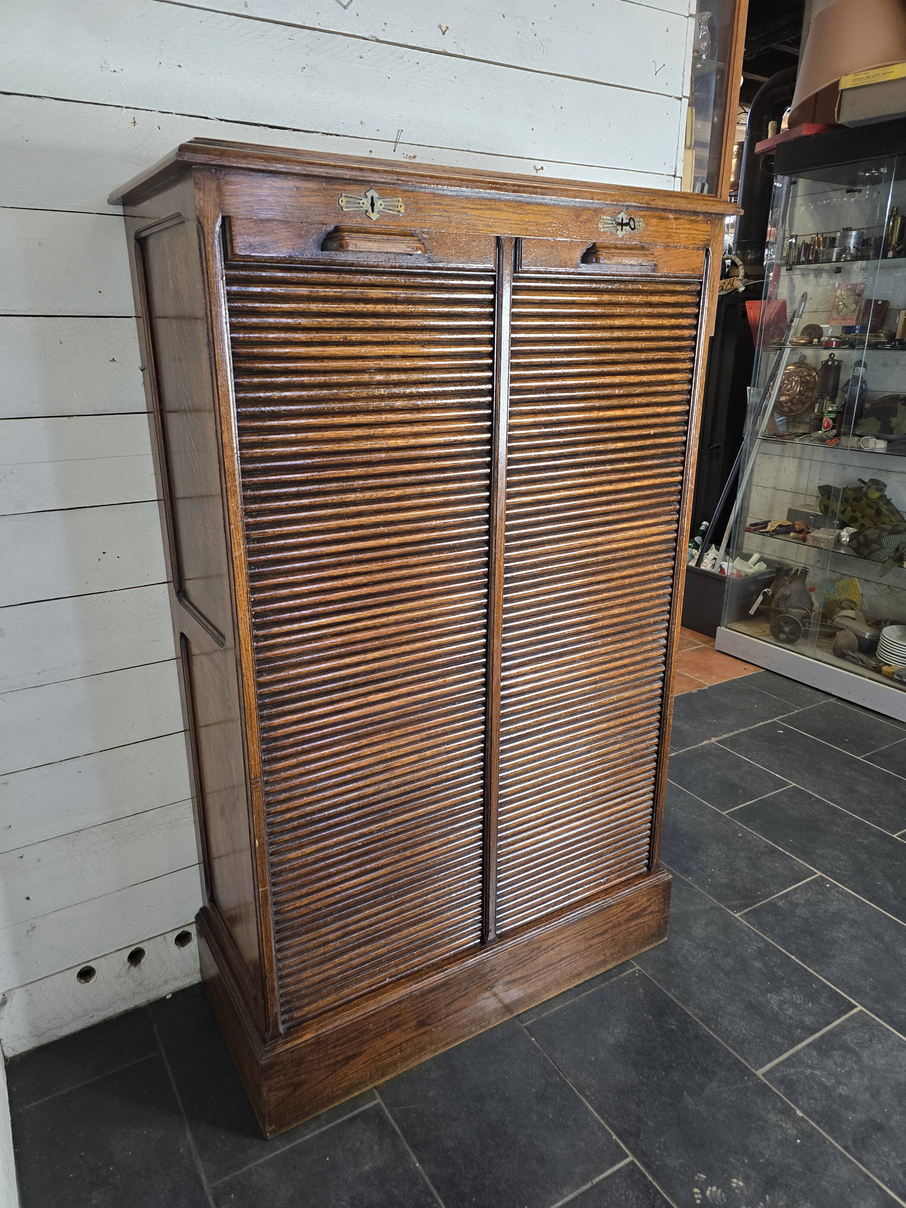 Solid oak double curtain filing cabinet