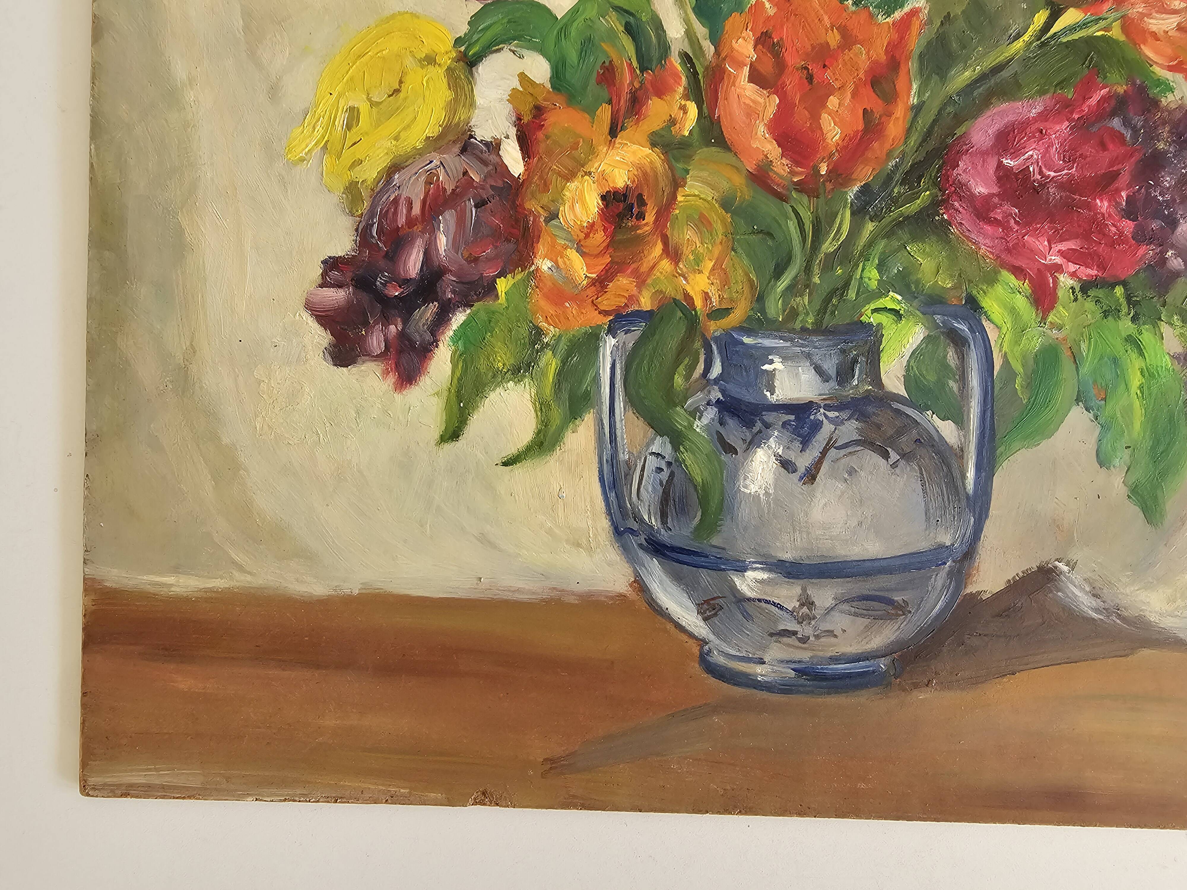 Oil Painting on Isorel - Bouquet of Tulips & Lilacs Signed J Baud