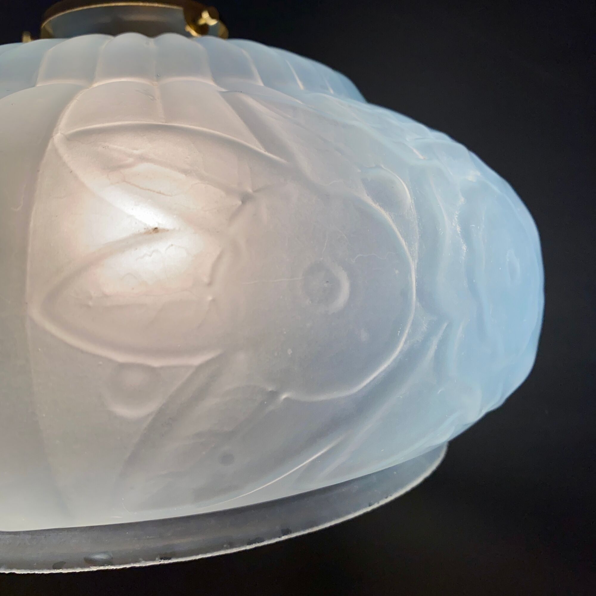 Vintage art deco lampshade pendant lamp in blue frosted glass