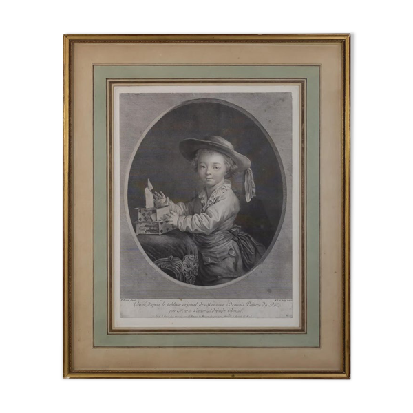 gravure, François Hubert Drouais, "jeune garçon jouant aux cartes" XVIIIème