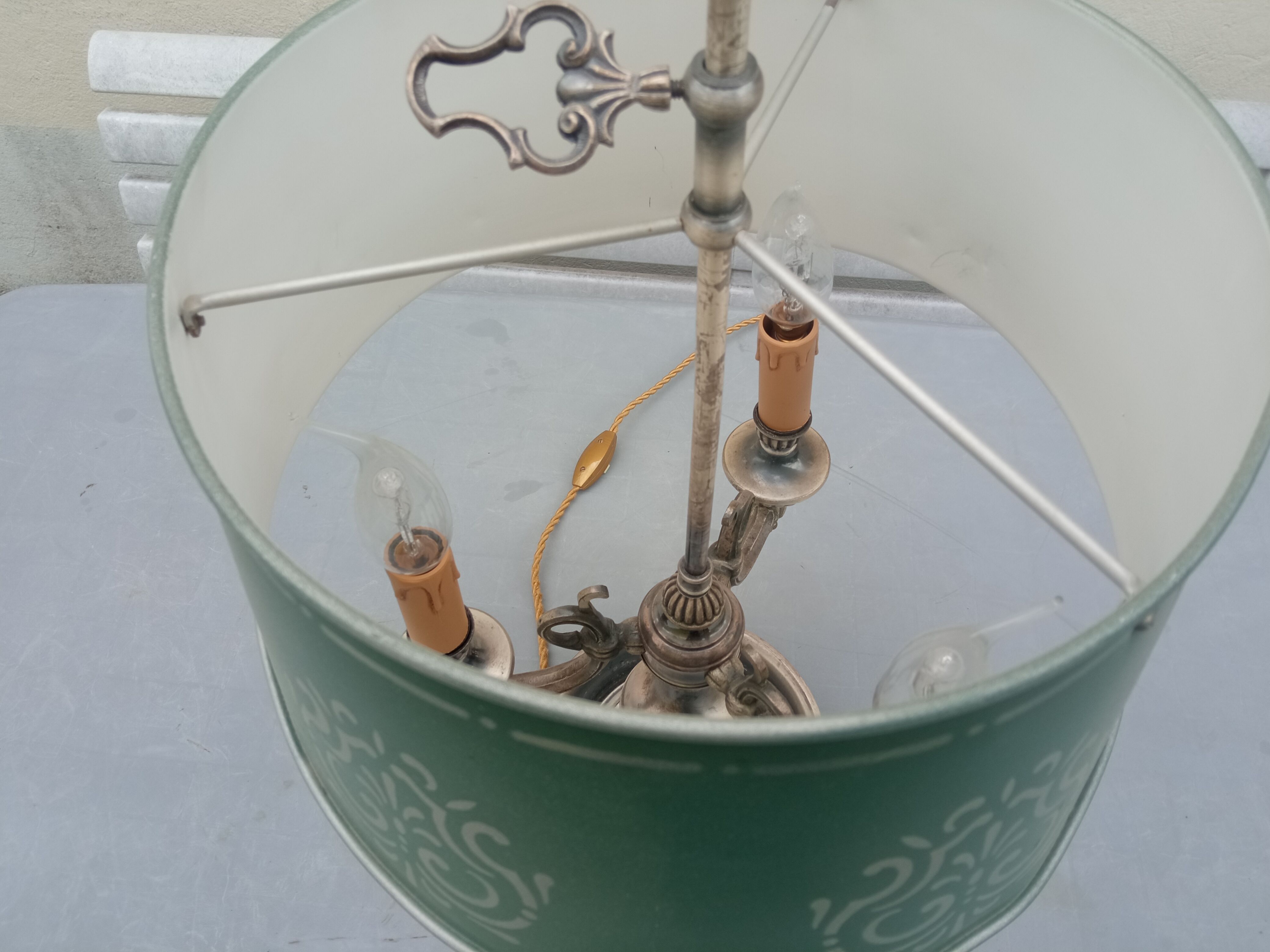 Hot water bottle lamp 3 lights silvered metal aged lampshade sheet metal (74cm)