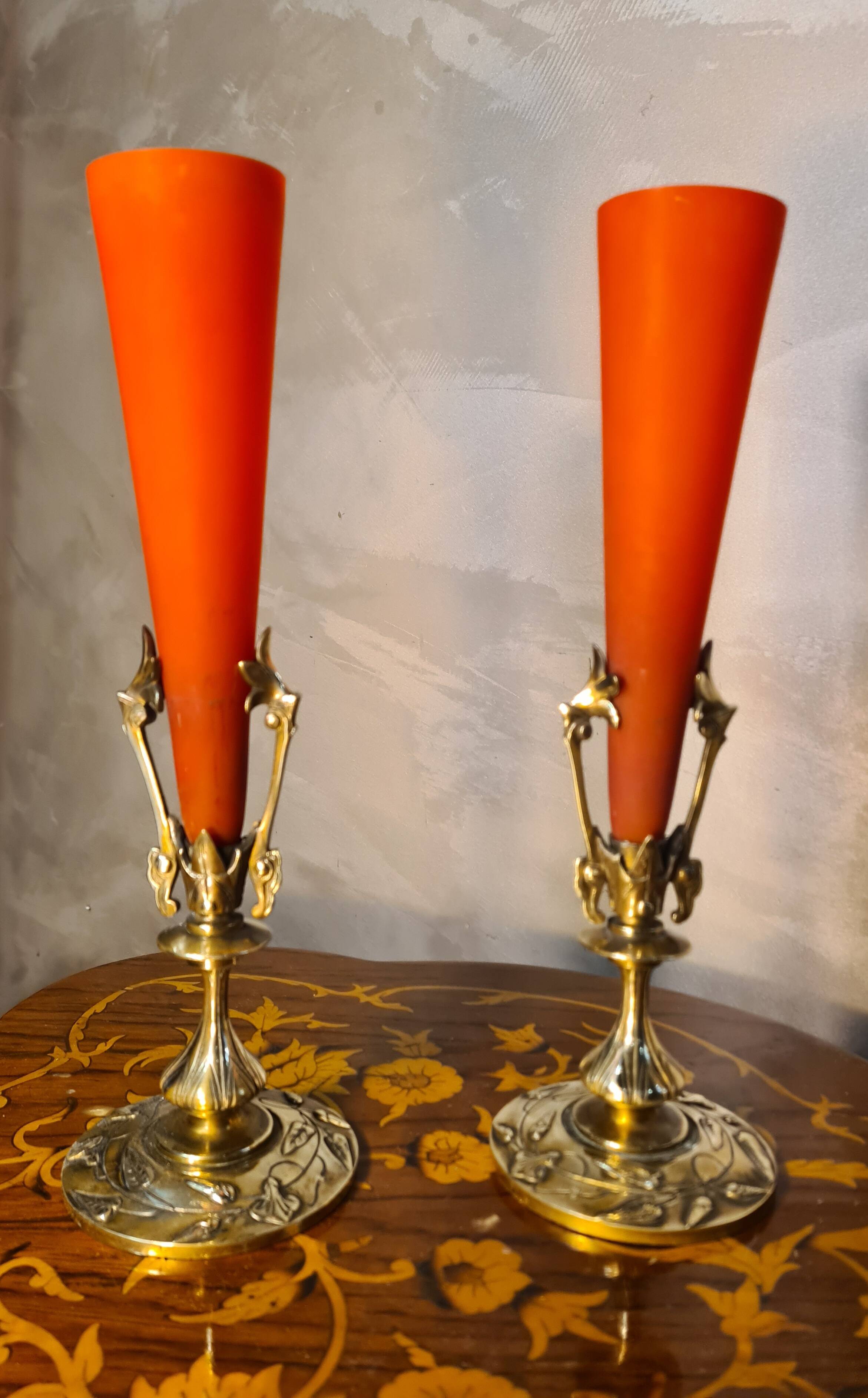 pair of bronze and glass paste Art Nouveau vases, bouquet holder, soliflore cone