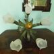 Chandelier of 5 corollas in white granite glass, central decoration with foliage 70s /80s