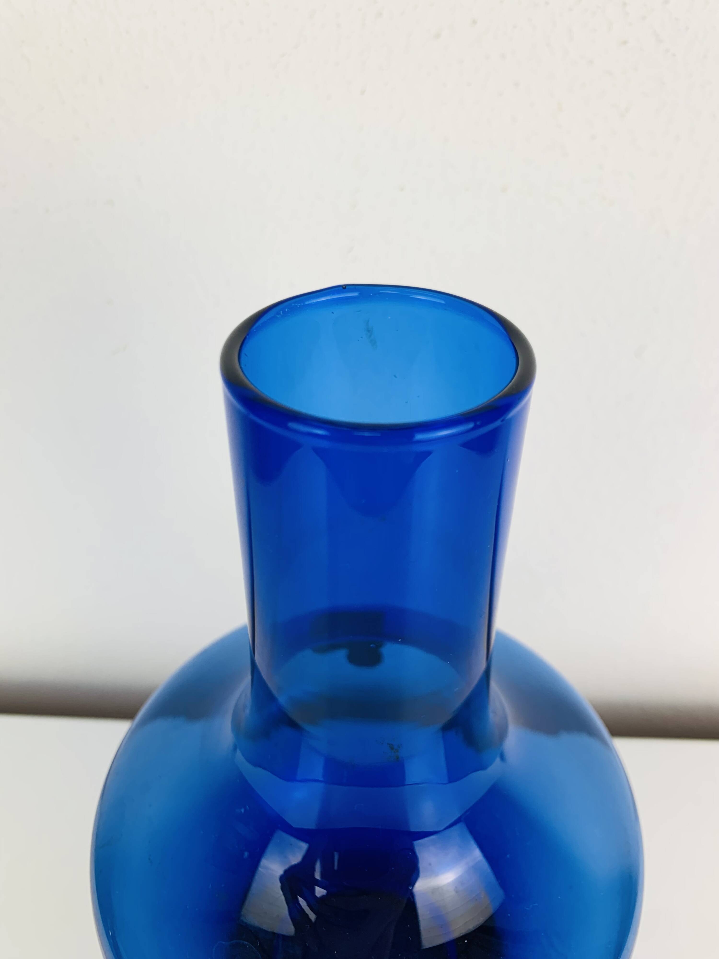 Blue glass vase in Scandinavian style from the 1960s, mouth-blown.