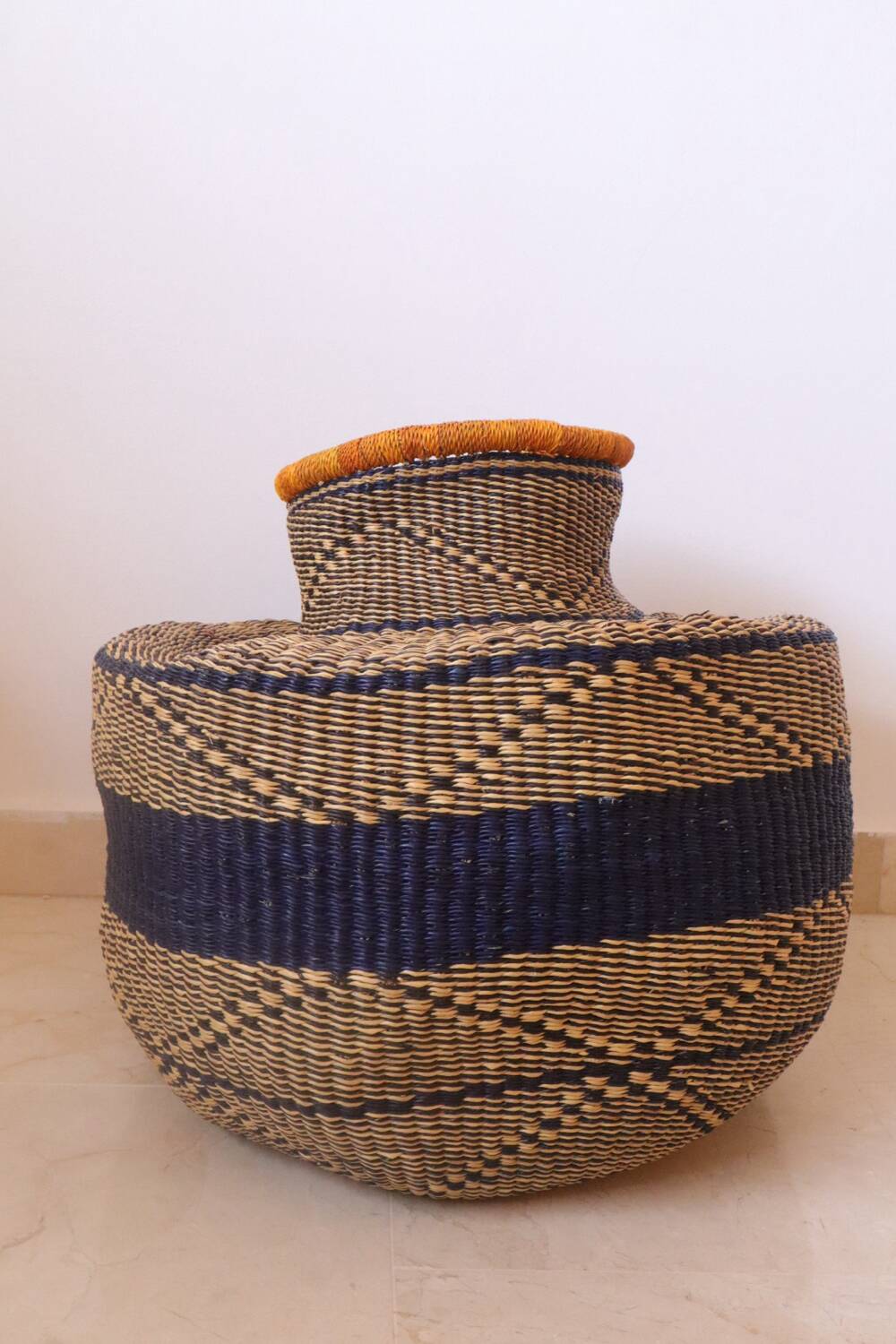 Bolga Basket Colorful African Decorative Basket Navy and Mustard Yellow