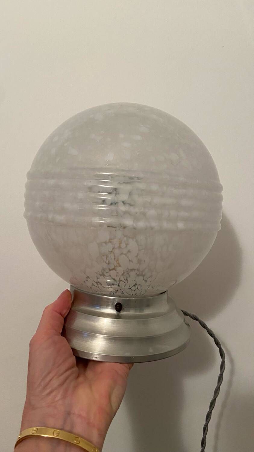 Table ball lamp in Clichy glass and Art Deco aluminum base