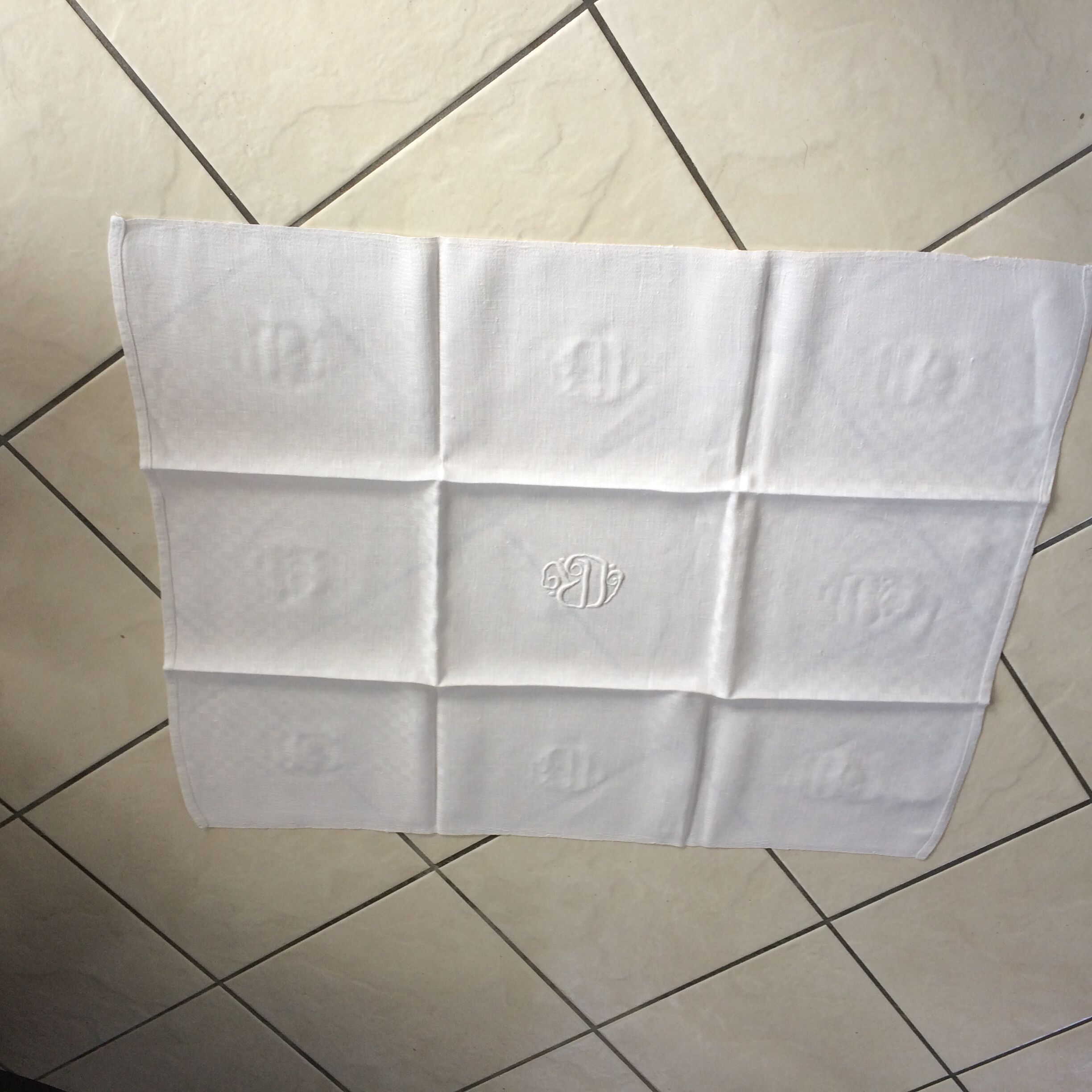 Old damask tablecloth with monogram and 12 identical towels