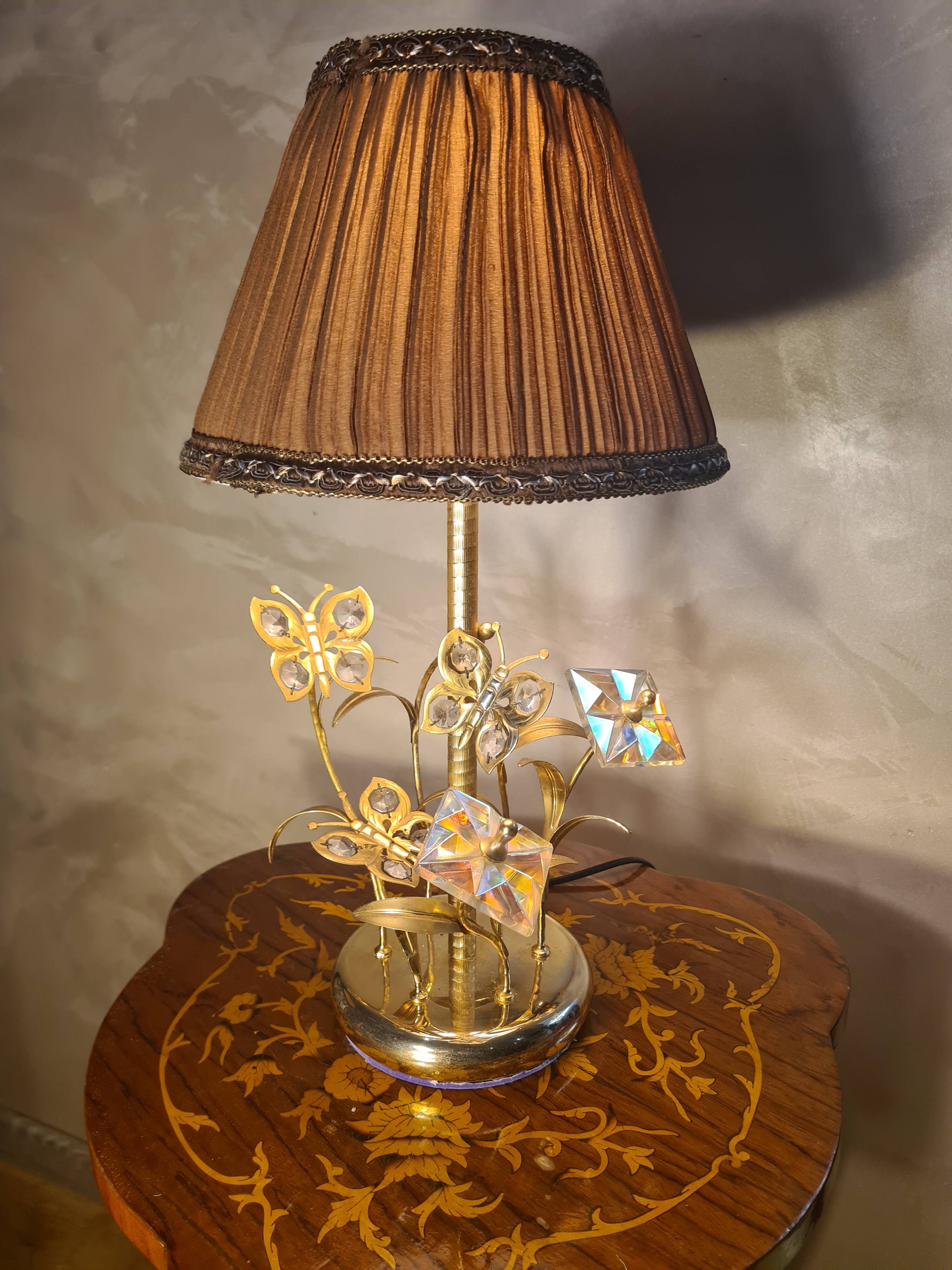 chrome or brass glass lamp, flower and butterfly 1975 to 80s pleated shade