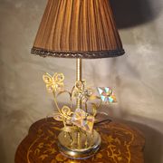 chrome or brass glass lamp, flower and butterfly 1975 to 80s pleated shade