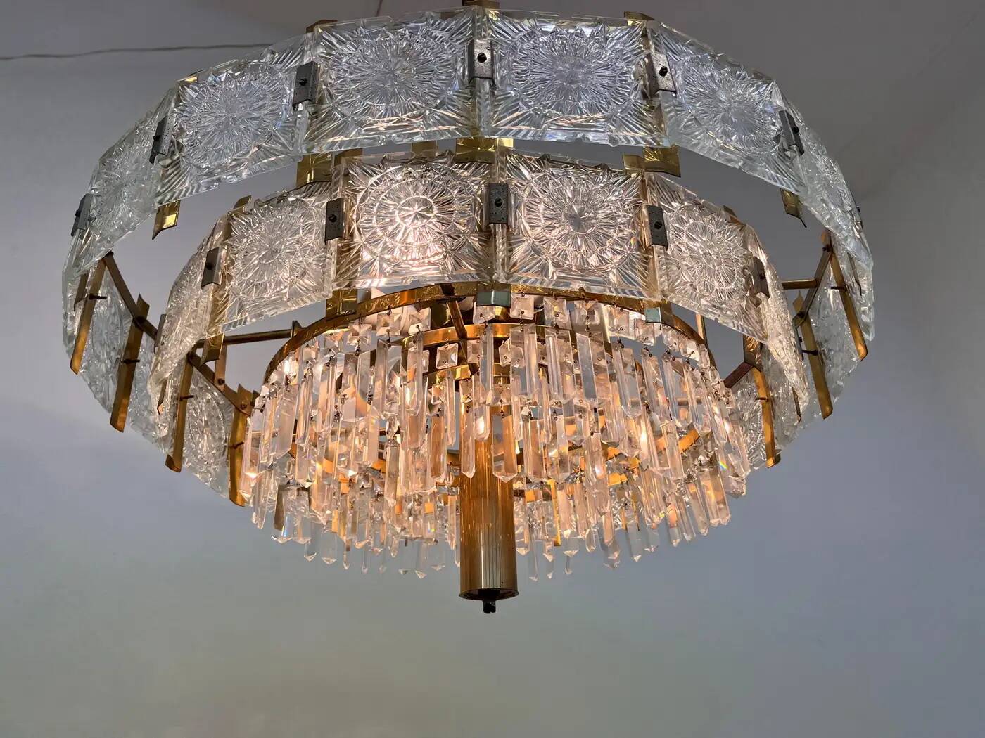 Pair of two XXL large brass and glass chandeliers by Kamenicky Senov/Preciosa, 1970s