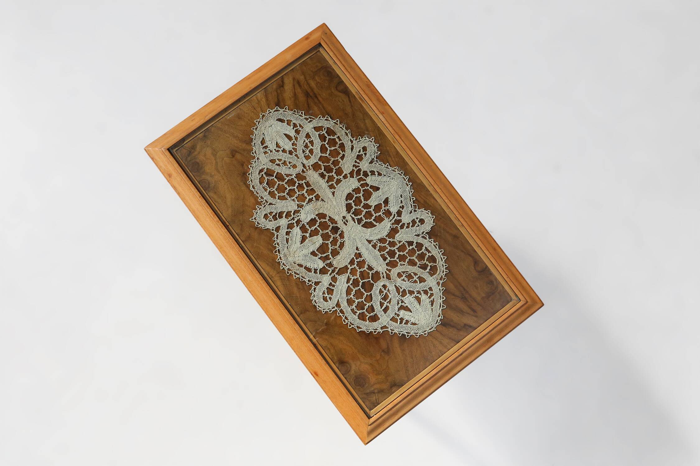 Elegant French side table in beech wood with lace inlay and glass top, 1950s