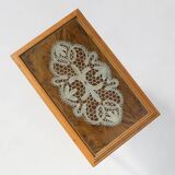 Elegant French side table in beech wood with lace inlay and glass top, 1950s