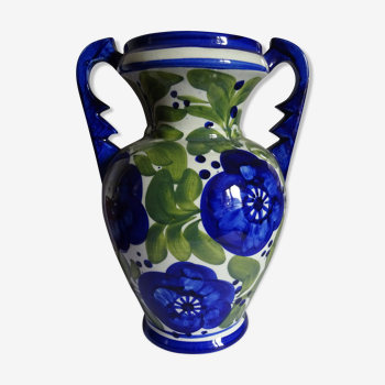 Vase ceramic balustre painted decoration flowers has handles 33 x 24 cm perfect condition