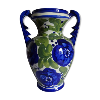 Vase balustre en céramique peinte décor fleurs à anses 33 x 24 cm parfait état