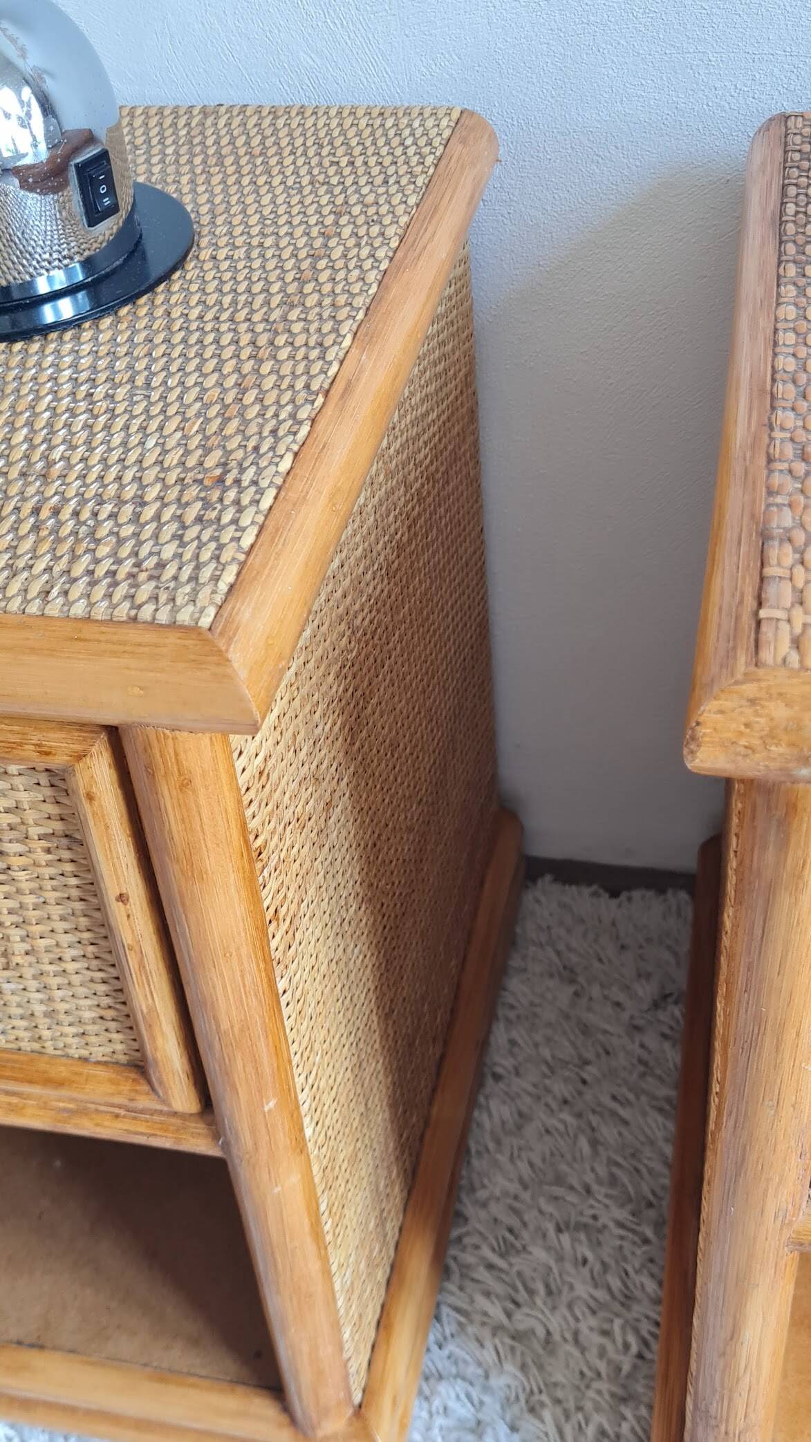 Pair of vintage rattan bedside tables from the 1970s.