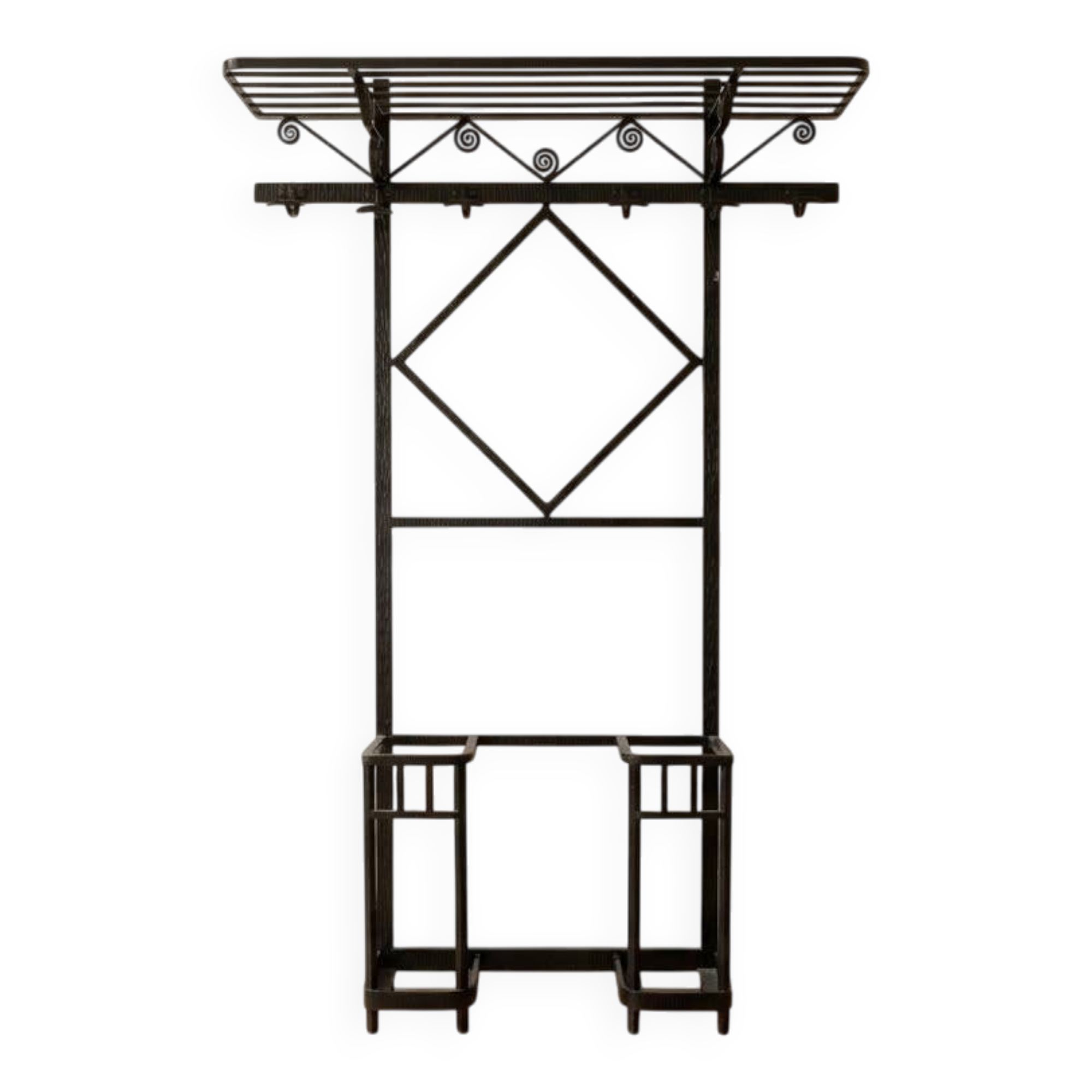 Antique black wrought iron coat rack with mirror.