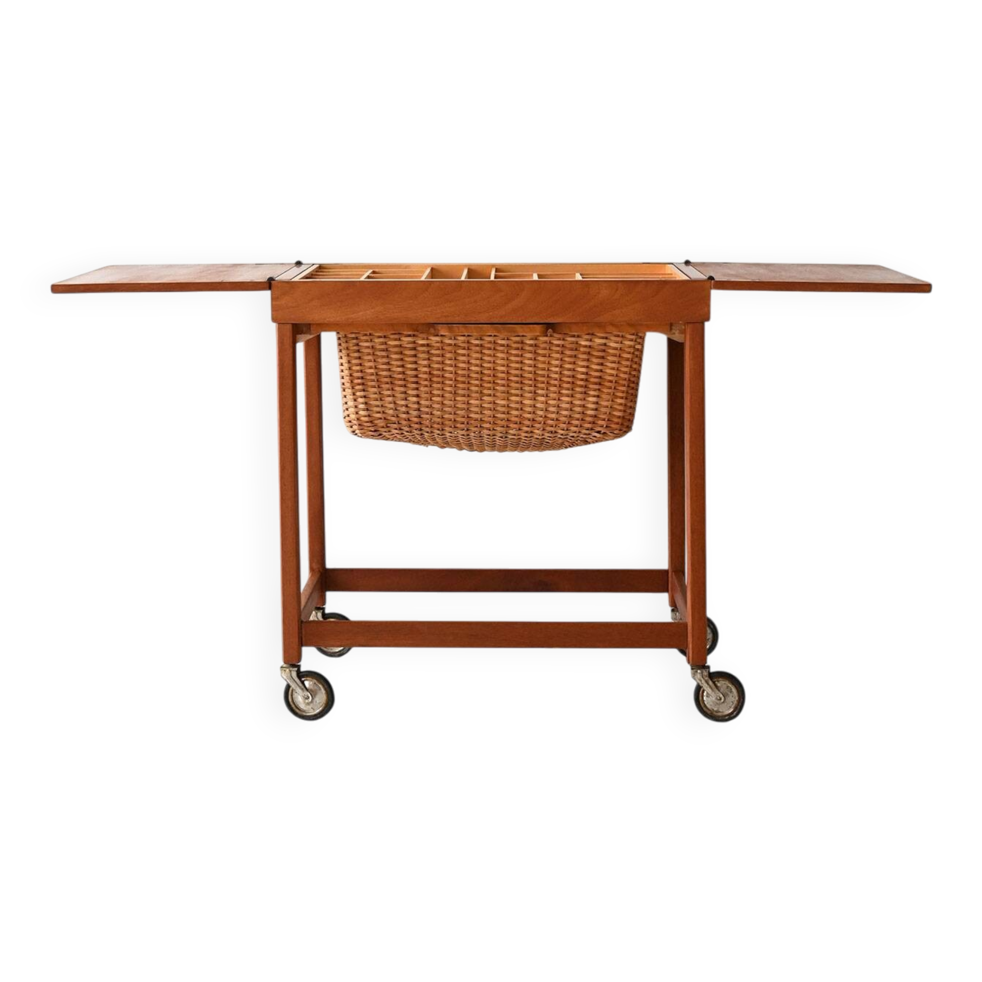 Vintage Scandinavian Sewing Table with Wheels and Basket
