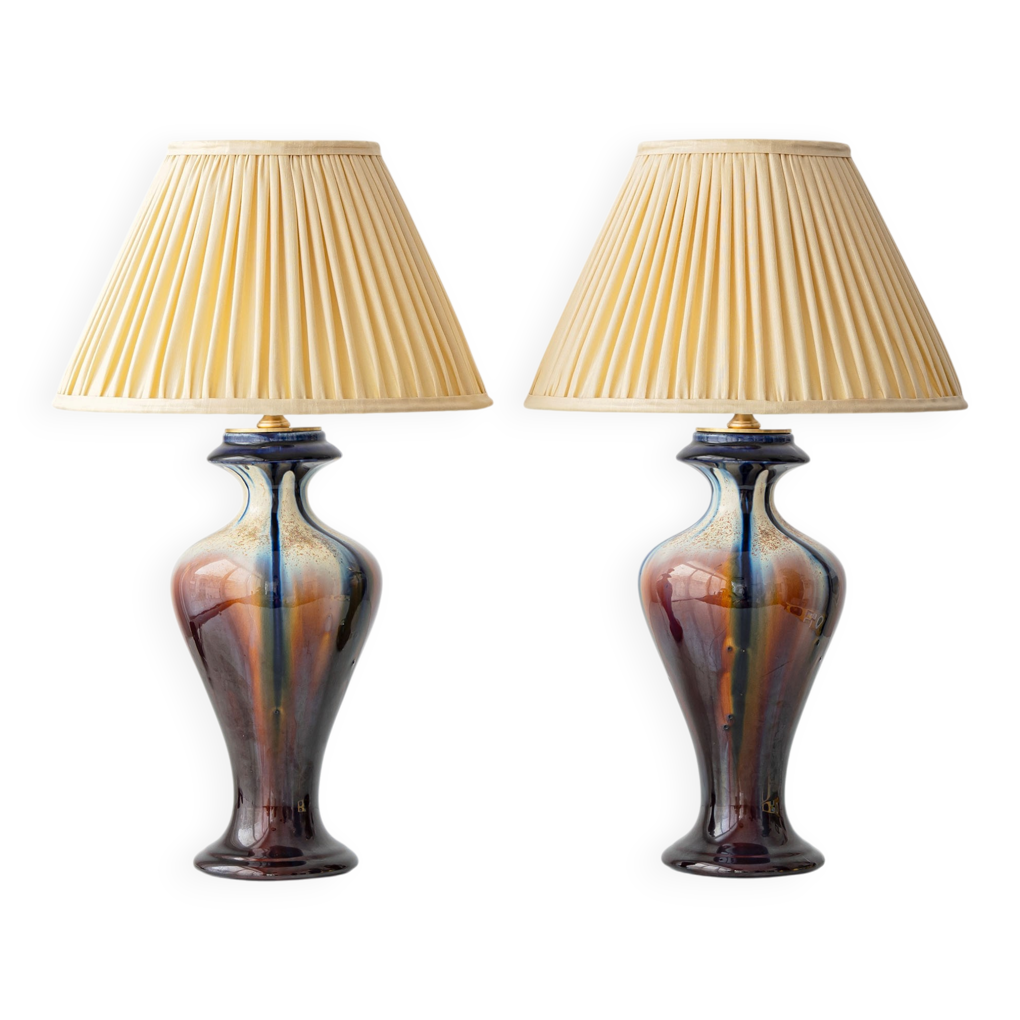 Belgian Art Deco Ceramic Table Lamps, Pair, Flambé Drip Glaze, New Silk Shades