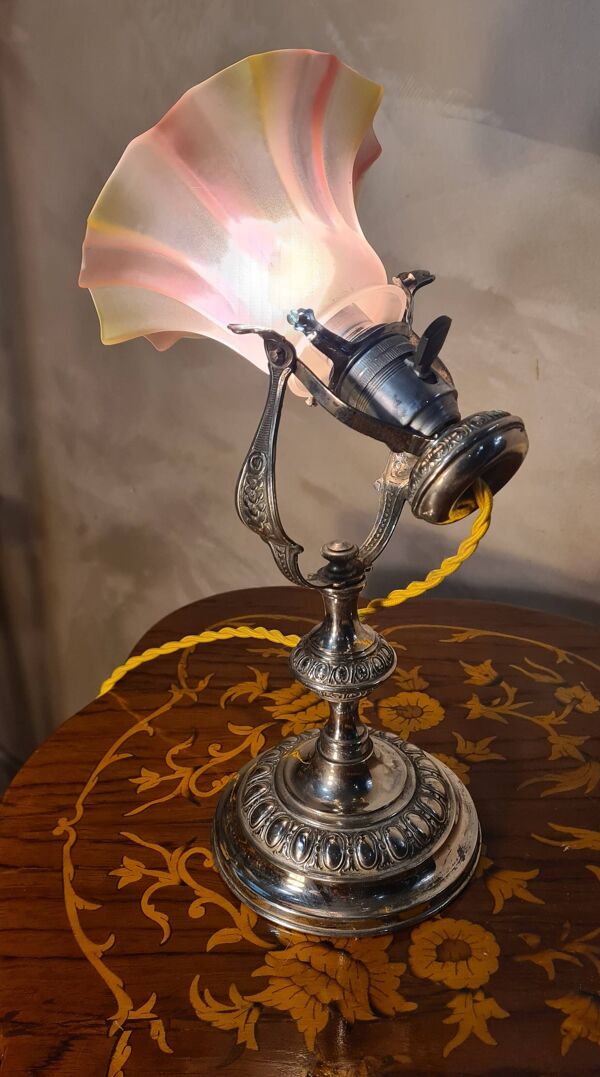 lampe de marine bronze nickelé art nouveau, tulipe opaline tri colors  ,33x