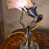 Art Nouveau nickel-plated bronze marine lamp, tri-color opaline tulip shade, 33x
