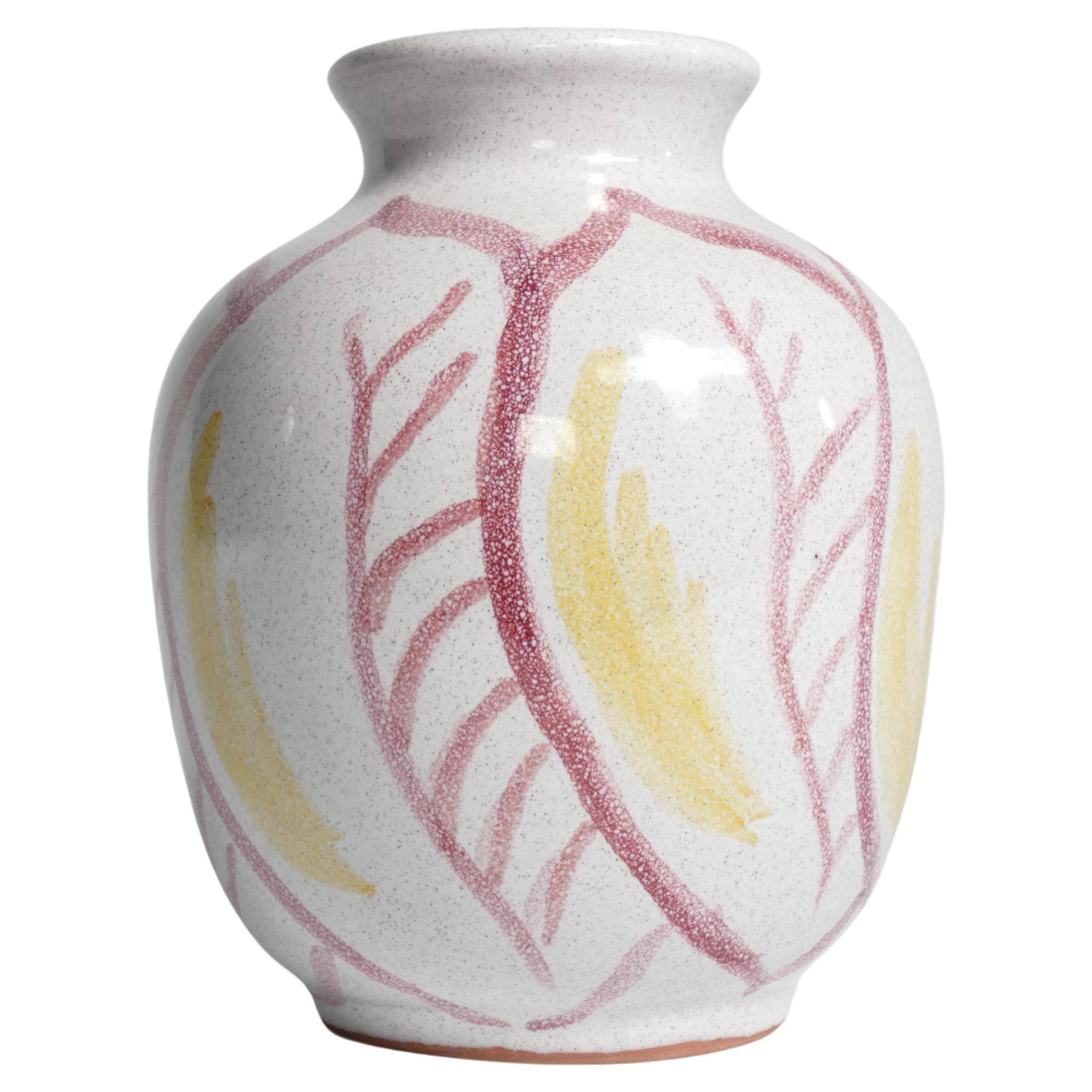 Scandinavian Modern Ceramic Vase with Red & Yellow Leaves, Alingsås Keramik 1947