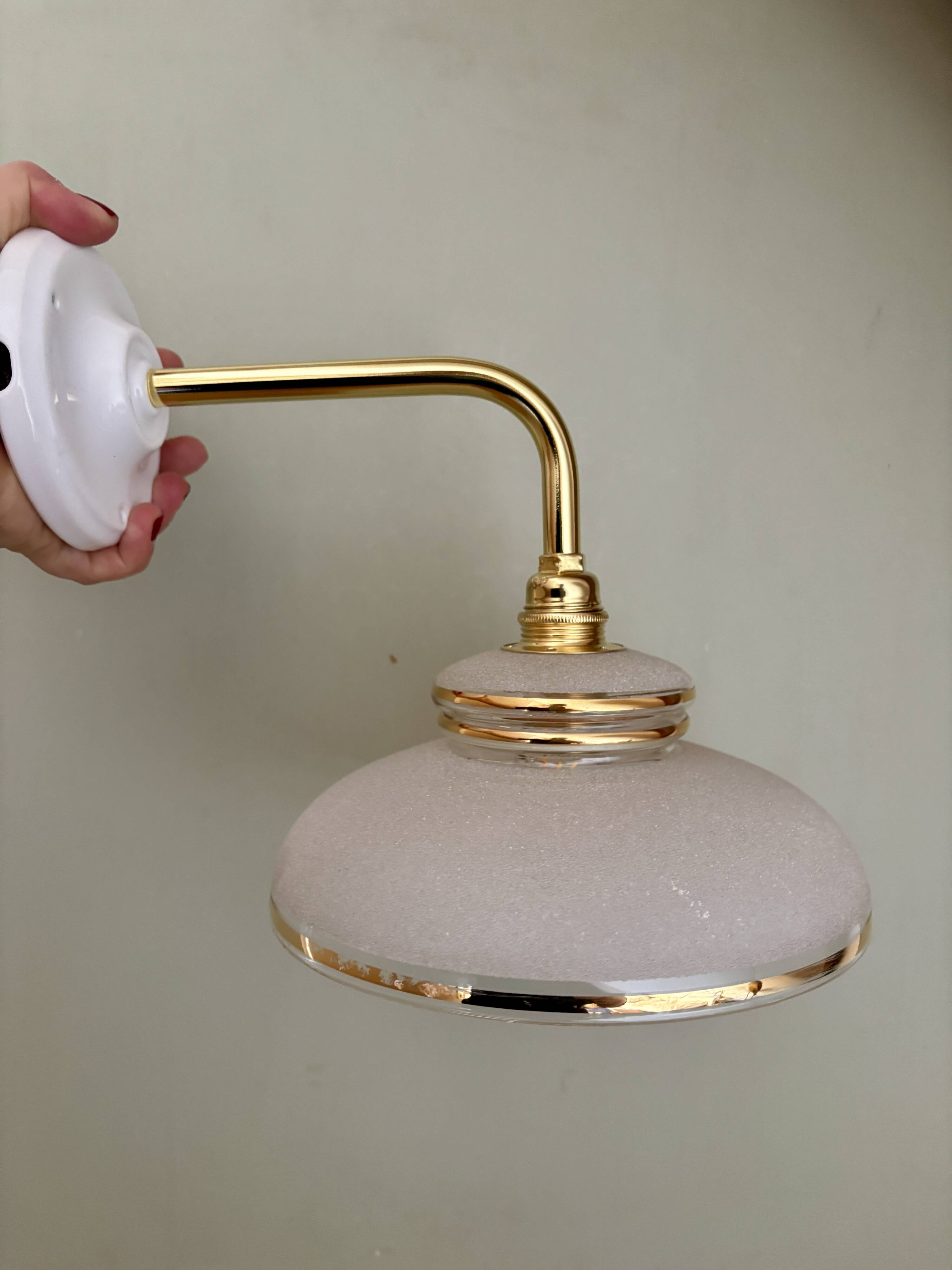 Vintage elbow wall lamp with white and gold granite glass shade