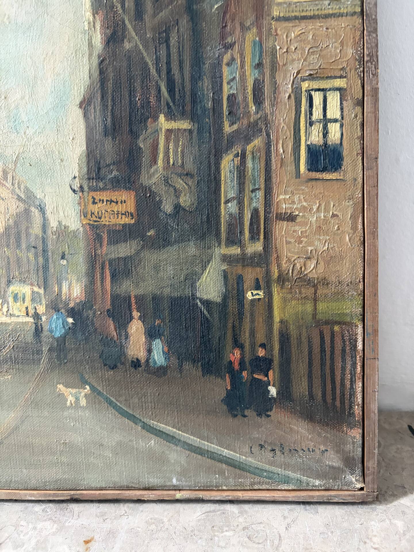 Scene de rue flamande, huile sur toile