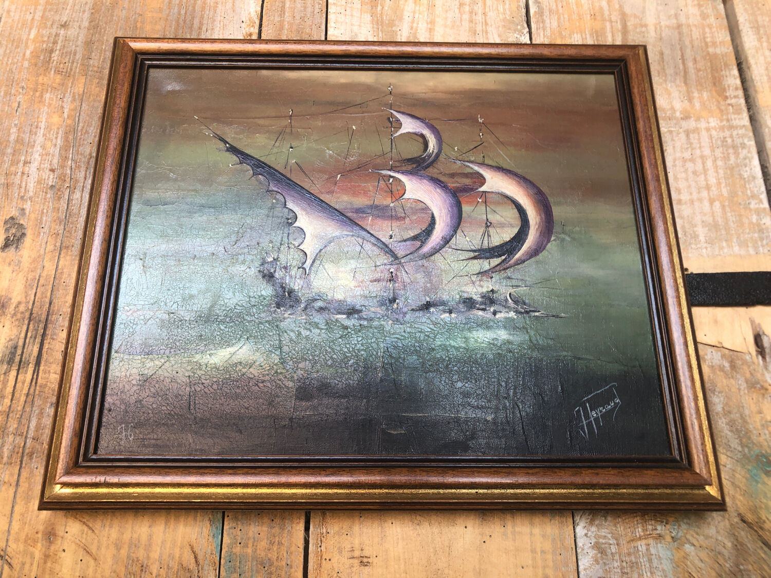 Oil painting on canvas j. peyraud view boats + wood frame #a219