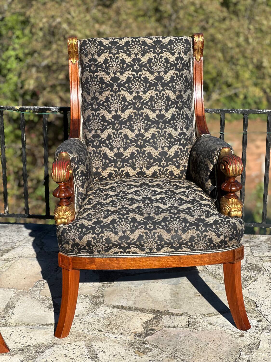 Pair of Mahogany Bergère Armchairs with Chimera Motifs, 19th Century