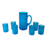 Vintage 1970s IVIMA Blue Glass Jug and Six-Glass Set