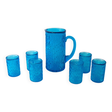 Vintage 1970s IVIMA Blue Glass Jug and Six-Glass Set