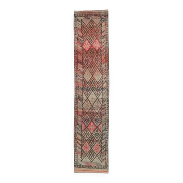 Tapis couloir vintage turc Oushak fait à la main en laine et coton rose 78x376