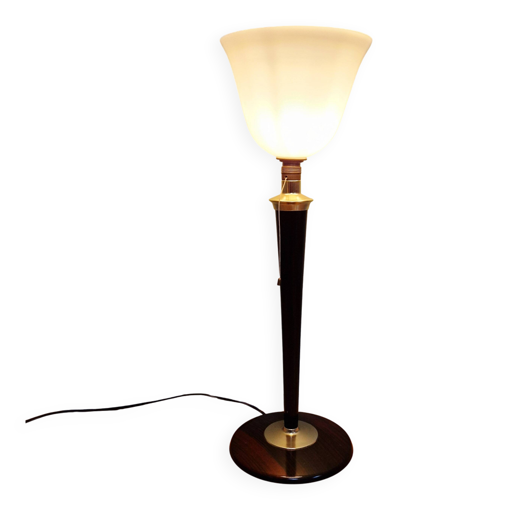 Large Art Deco Mazda lamp in wood, brass, and white opaline, 1930.