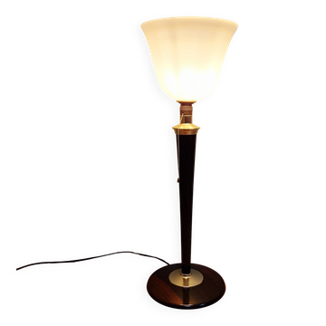 Grande lampe Art Déco Mazda en bois, laiton et opaline blanche, 1930