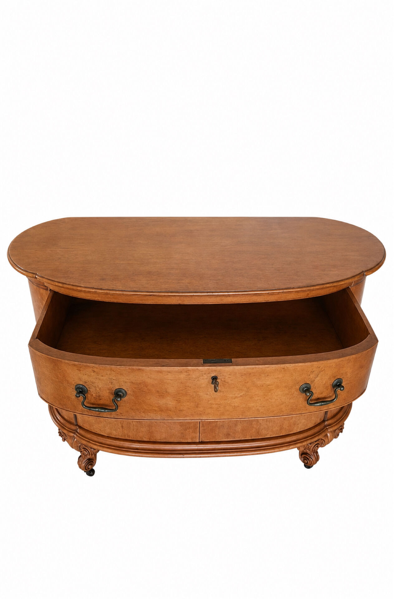 Half-moon commode from 1900 in lemon tree veneer, curved shape.