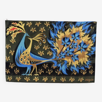Tapisserie « bouquet d’oiseaux bleu » de claude bleynie par les ateliers jean laurent n*161-500, 1980