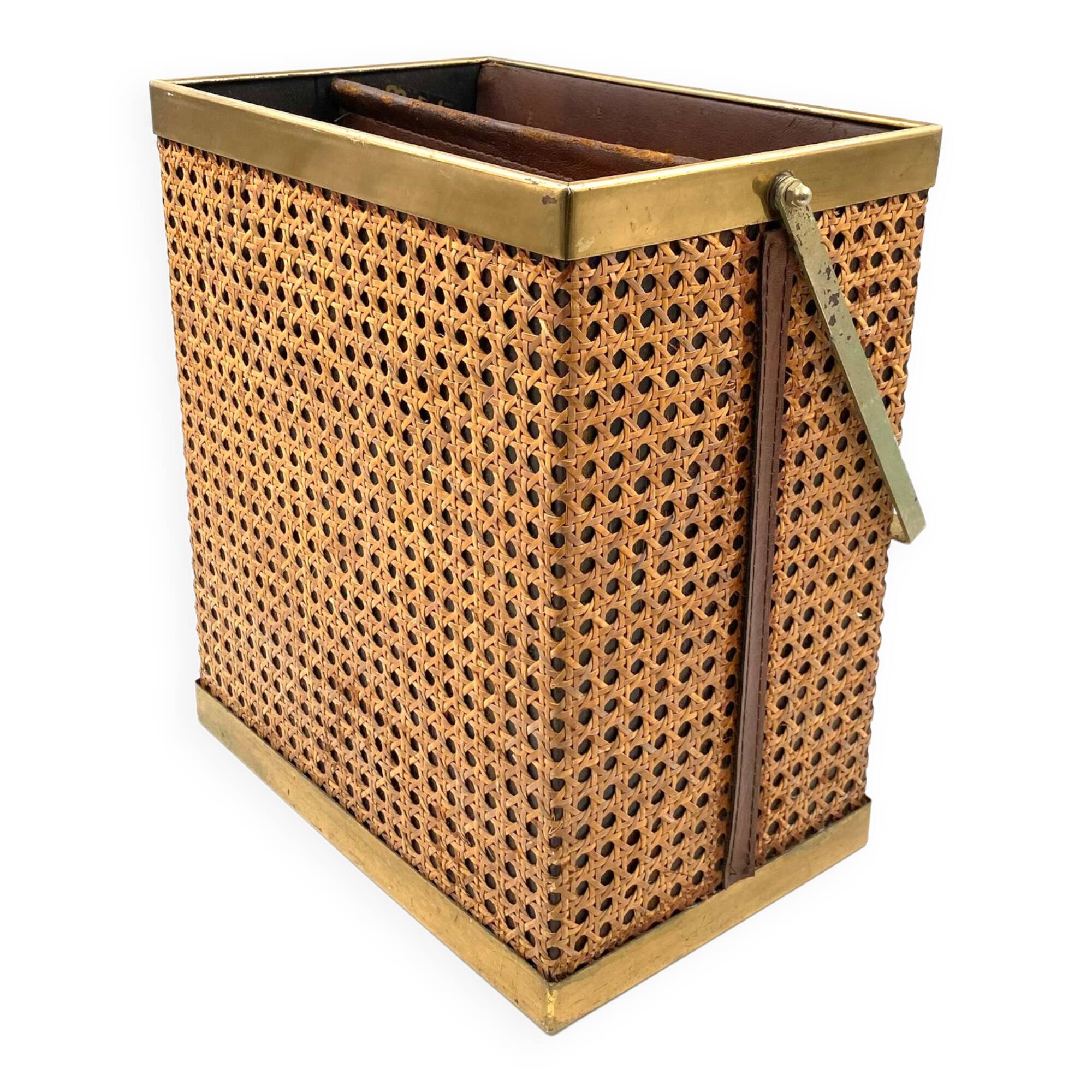 Hollywood regency brass and Vienna straw magazine rack,  Italy 1970