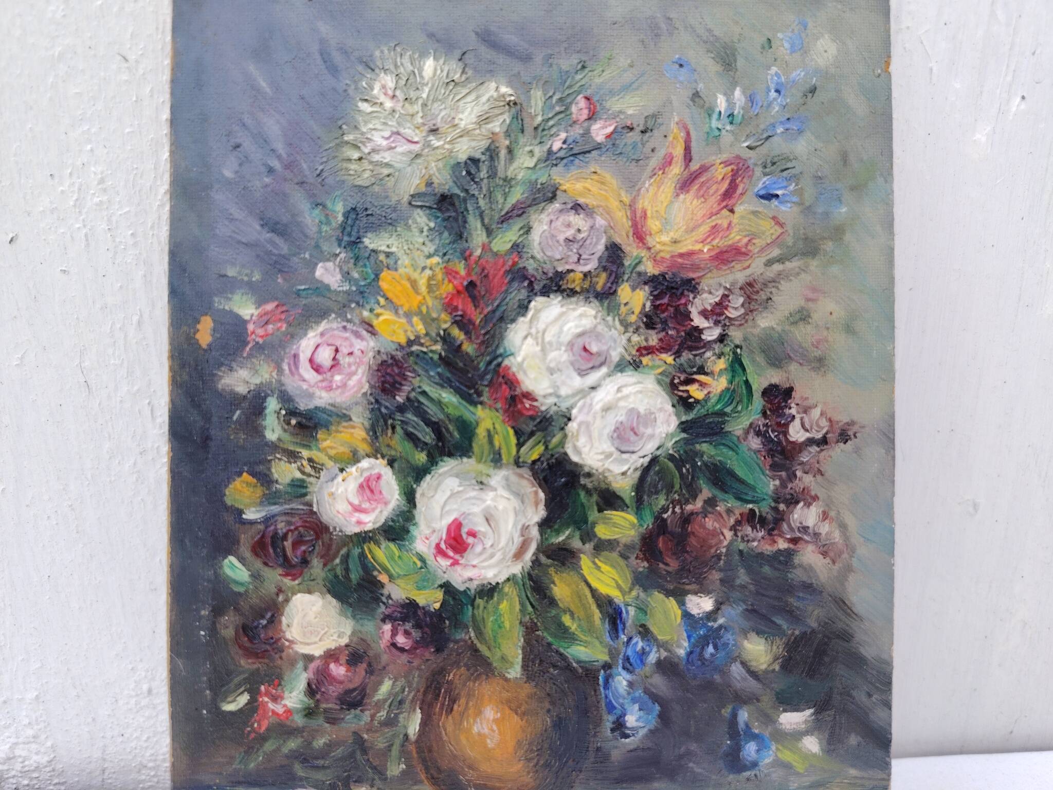 Huile sur panneau, bouquet de fleurs, Pinot Vialet
