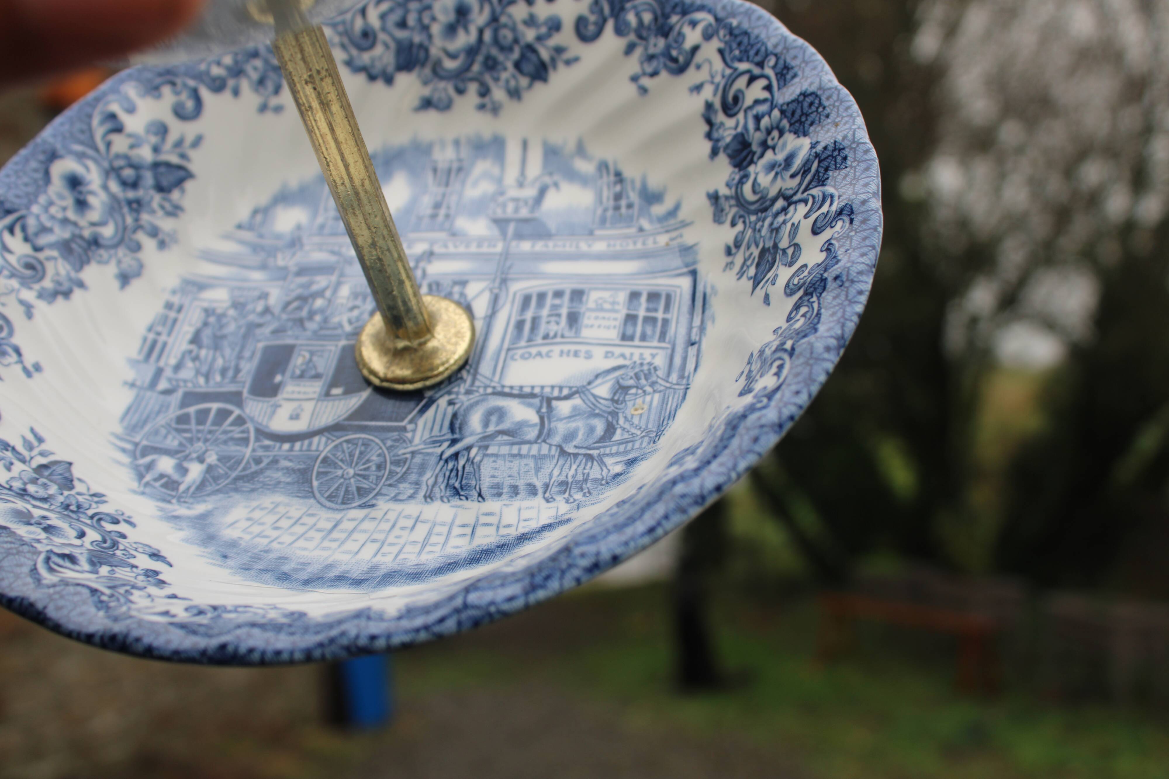 Johnson Bros. Two-Tier Serving Dish – “Coaching Scenes” – Blue English Earthenware