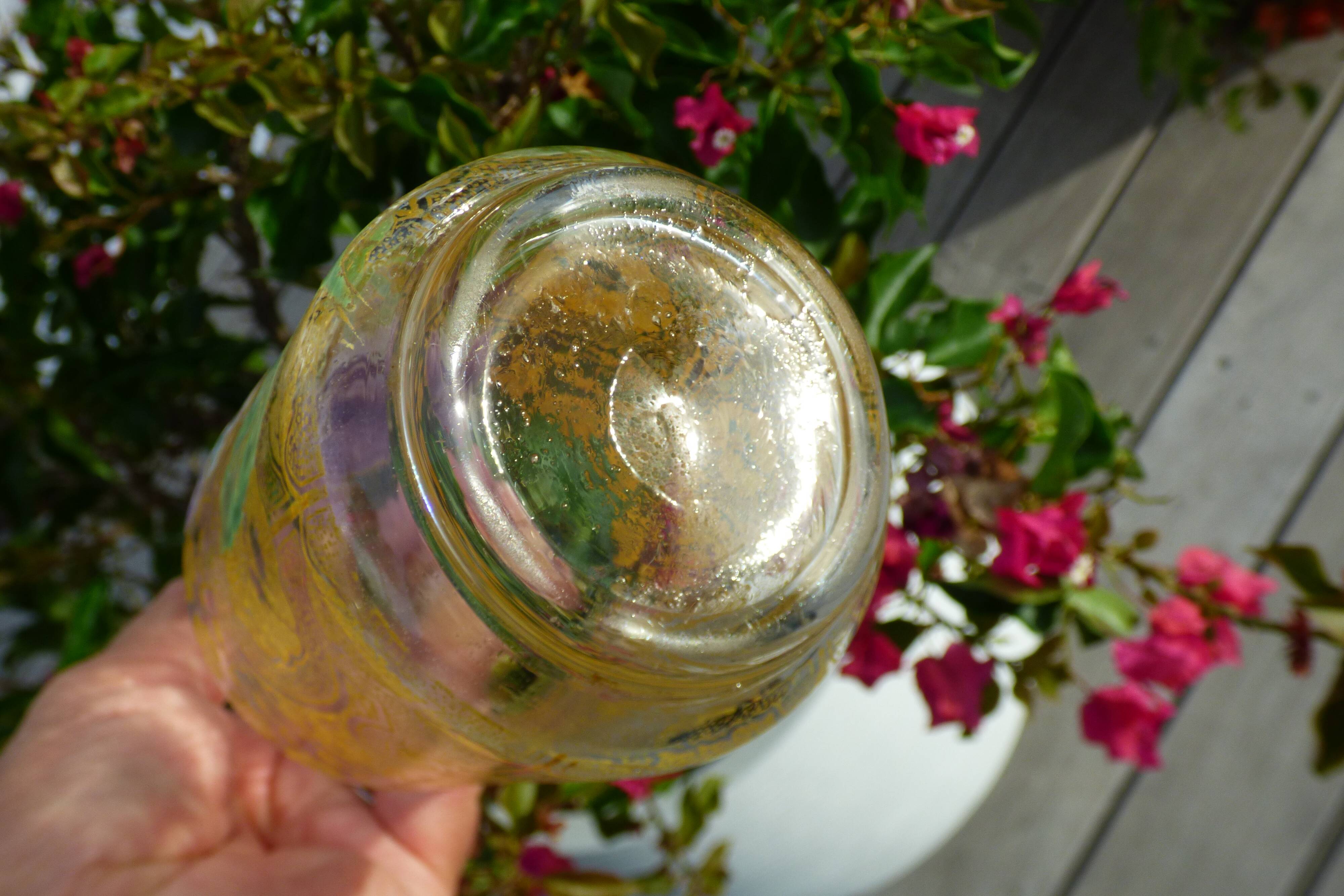 LEGRAS carafe, enamelled with pansy flower.