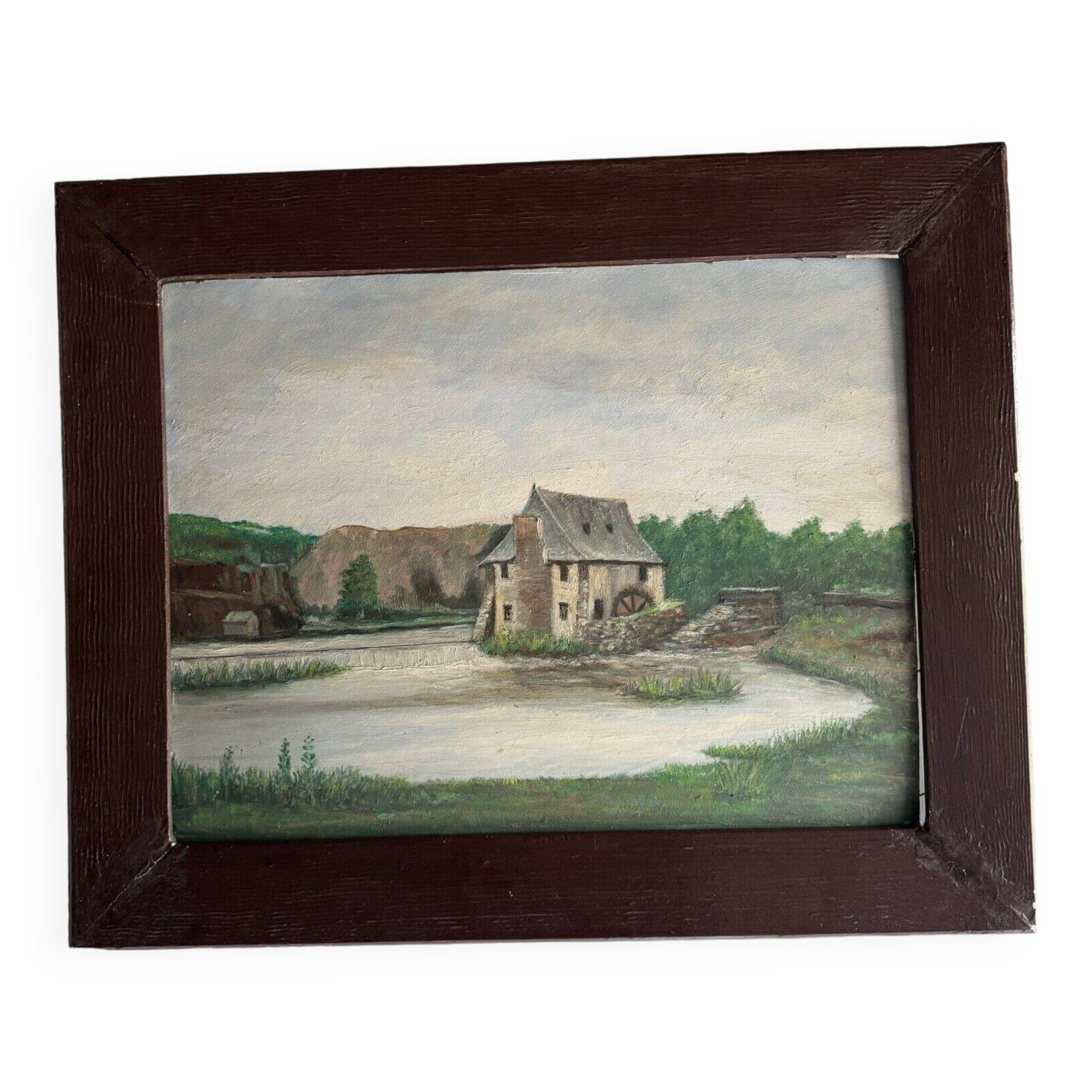 Oil on cardboard early 20th century water mill baguette frame