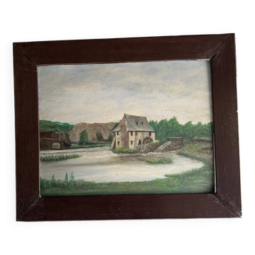 Oil on cardboard early 20th century water mill baguette frame