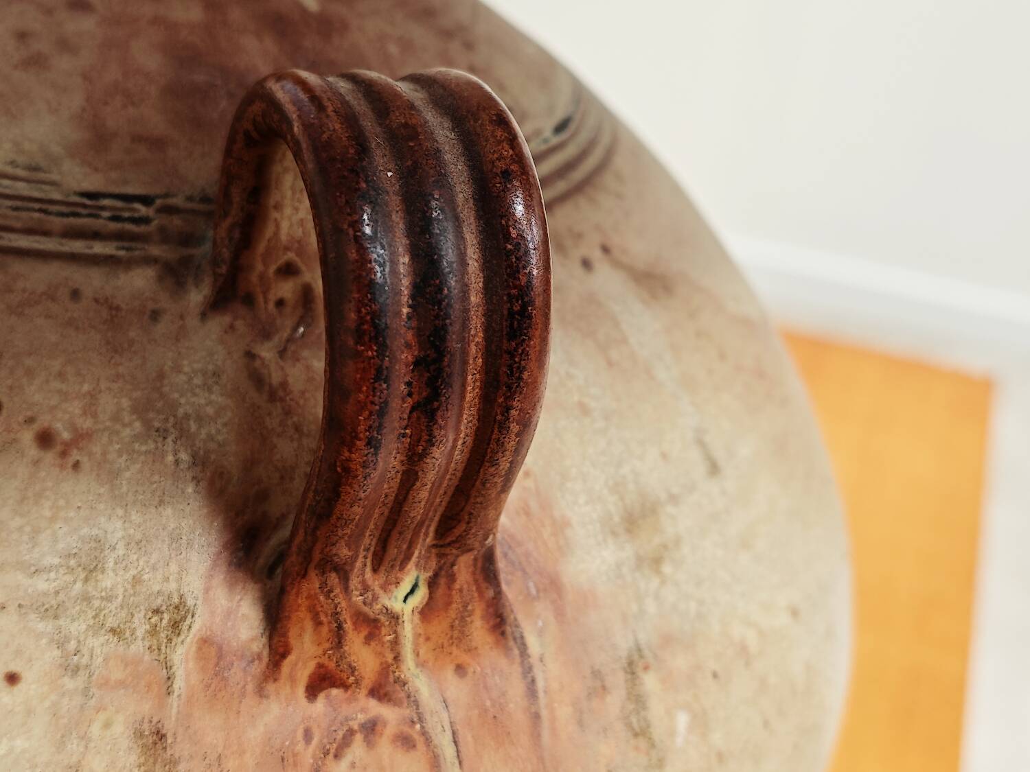 Modernist ceramic sandstone lamp with two handles from the 1950s