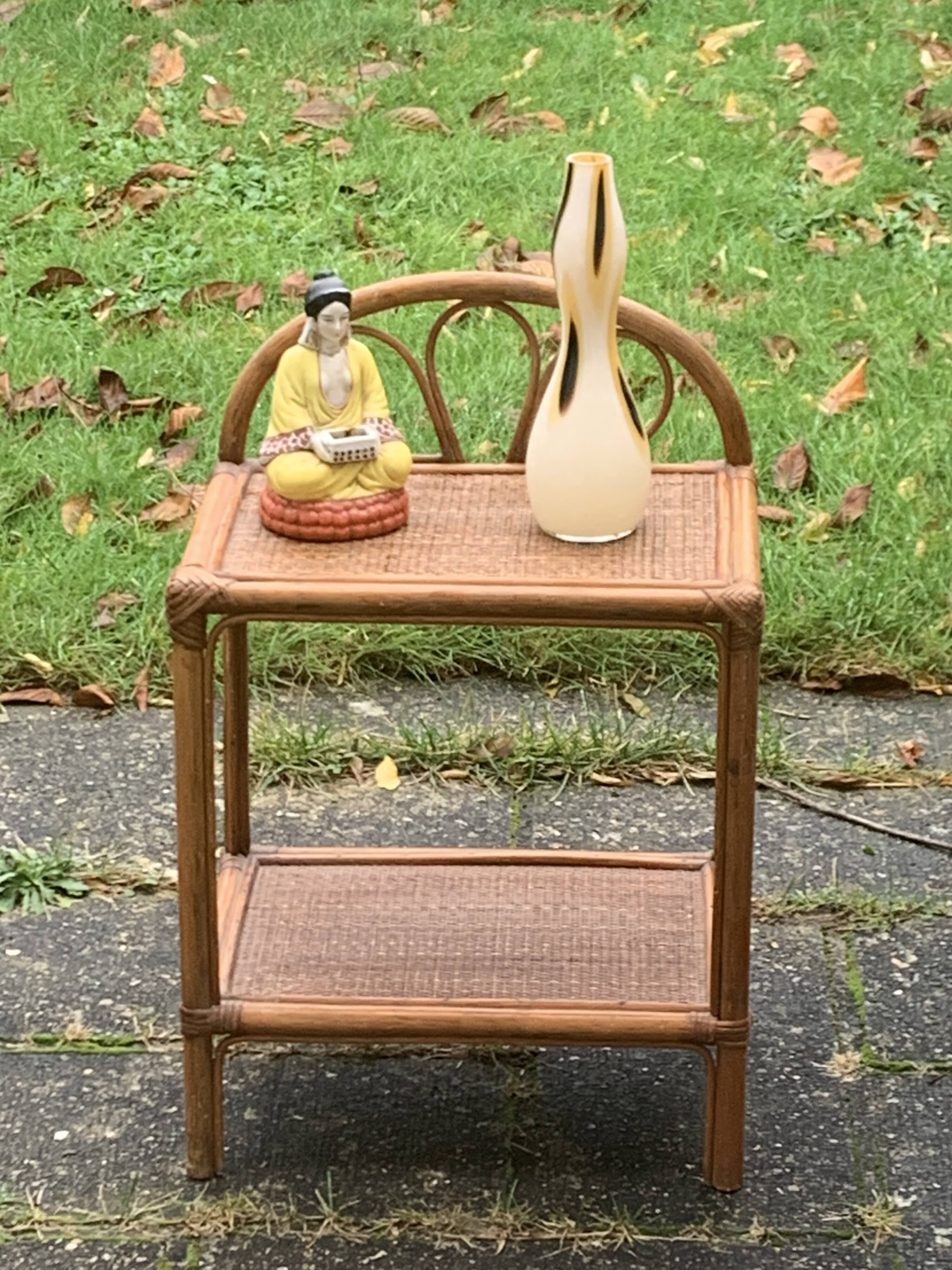 Bedside table, vintage bamboo and rattan shelf