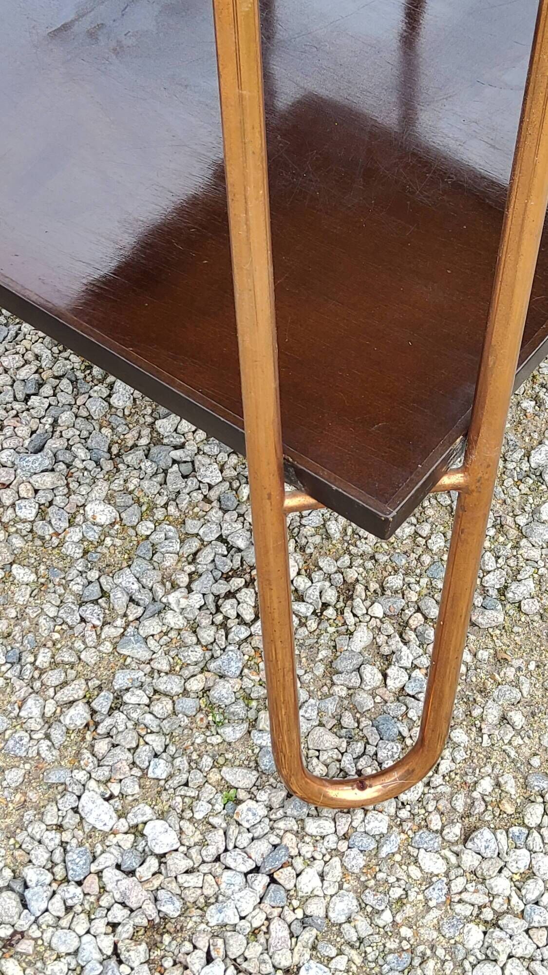 Vintage double wooden side table with copper base from the 50s
