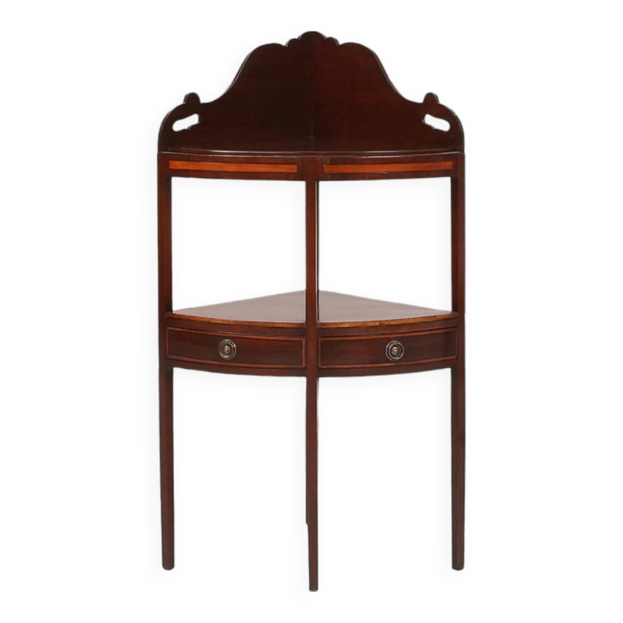 Elegant antique corner cabinet with wood inlay and 2 drawers, France ca. 1850