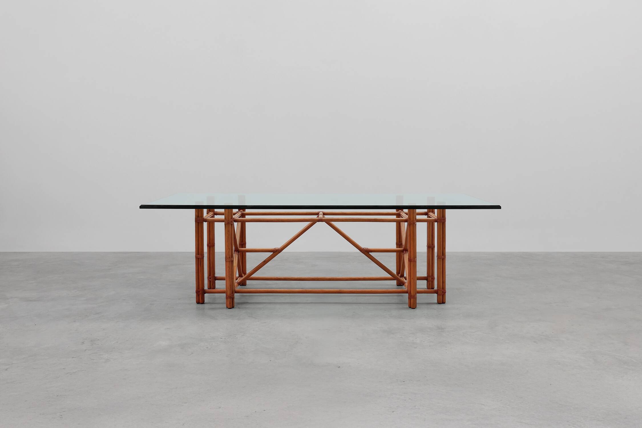 Large monumental bamboo dining table with glass top by Gasparucci, Italy
