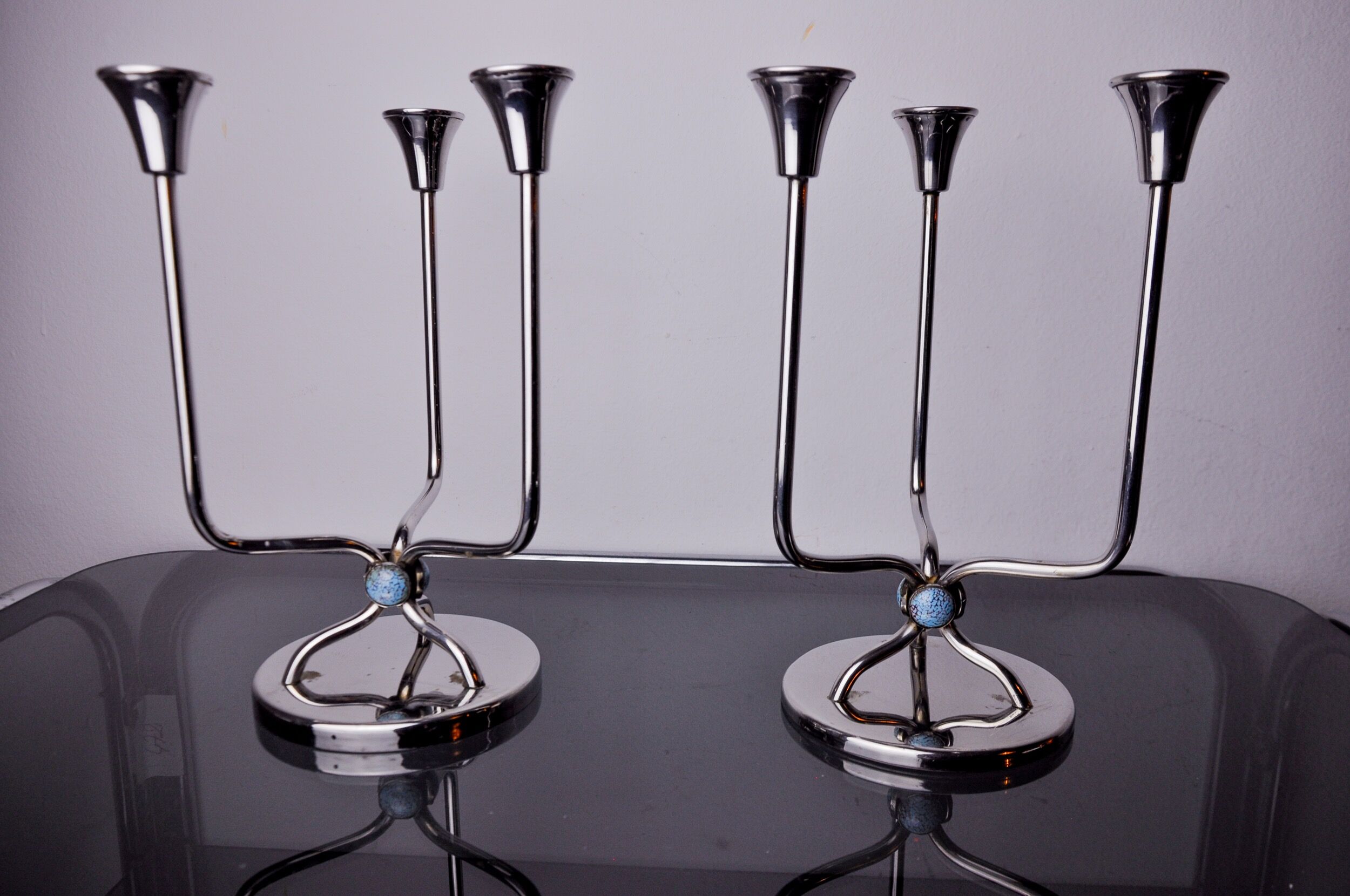 Pair of art deco candlesticks in stainless steel 3 flames and blue stones, Spain, 1970